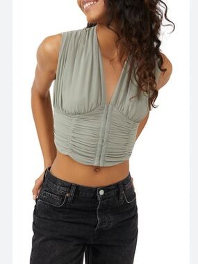 Free People Aria Corset Tank Top Ruched Sleeveless Blouse in Seagrass size M